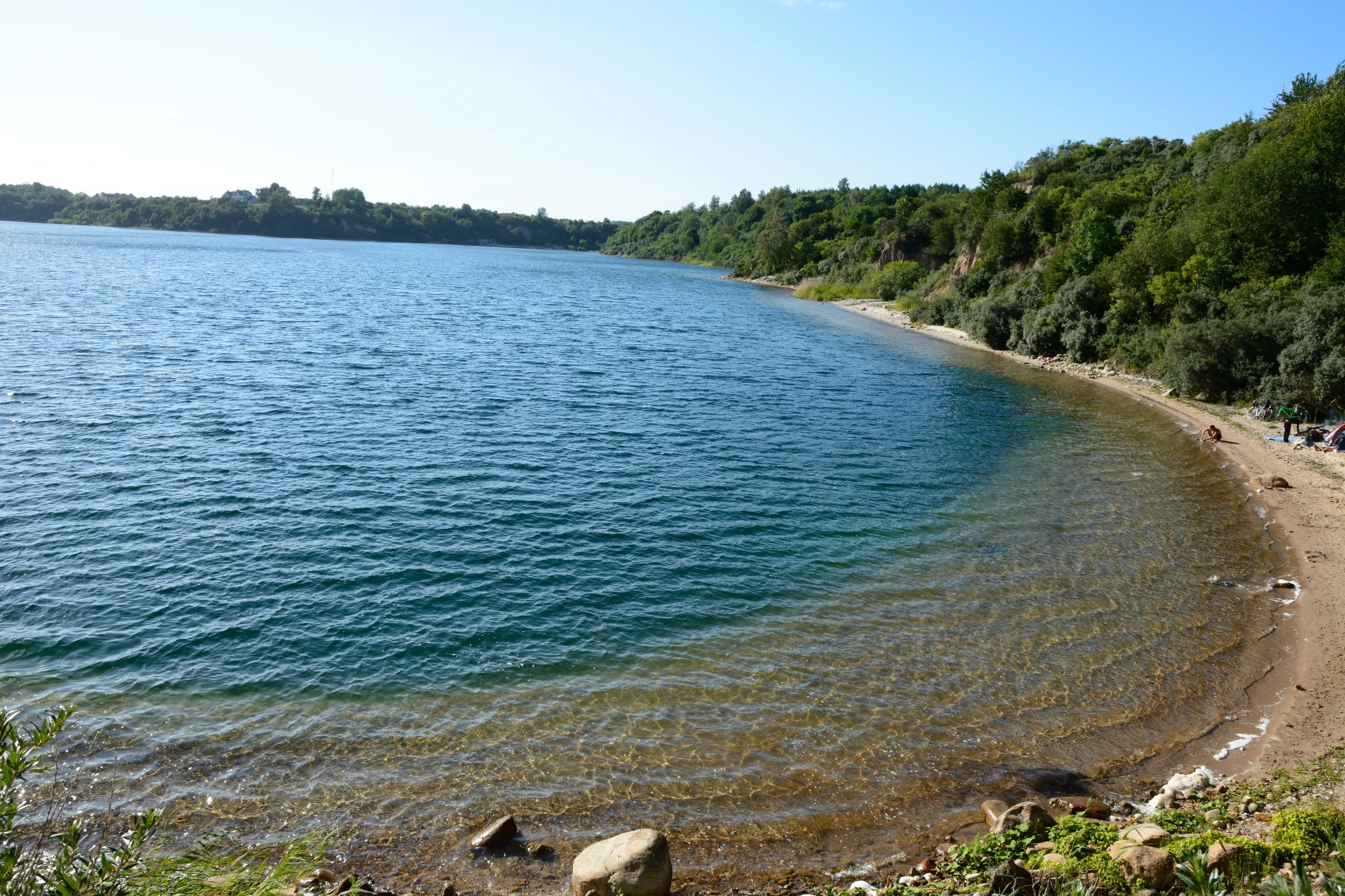 Синявинское озеро: прозрачная вода у песчаного берега, крутые склоны в зелени. Anton Yefimov. CC BY 4.0